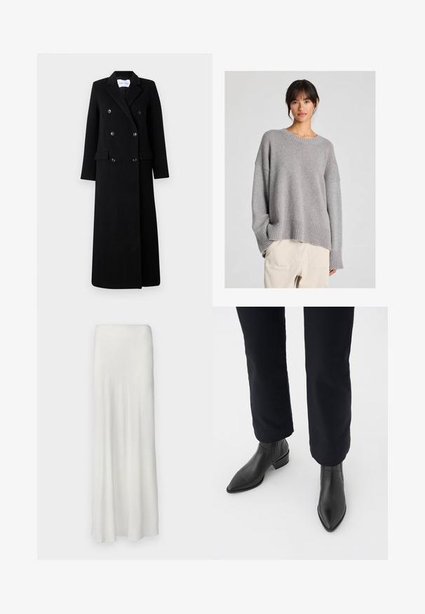 Samsøe Samsøe COAT MAXI - Manteau classique - black; Pull en maille gris avec une coupe décontractée, col rond, poignets et ourlets côtes. Texture douce avec un motif de tricot subtil. Associé à un pantalon clair.; Jupe longue blanche en tissu lisse et fluide. Dotée d'une taille élastique simple et d'une silhouette droite, atteignant la cheville.; Bottines en cuir noir à bout pointu, avec un talon épais et des panneaux latéraux texturés, portées avec un pantalon sombre sur fond blanc.