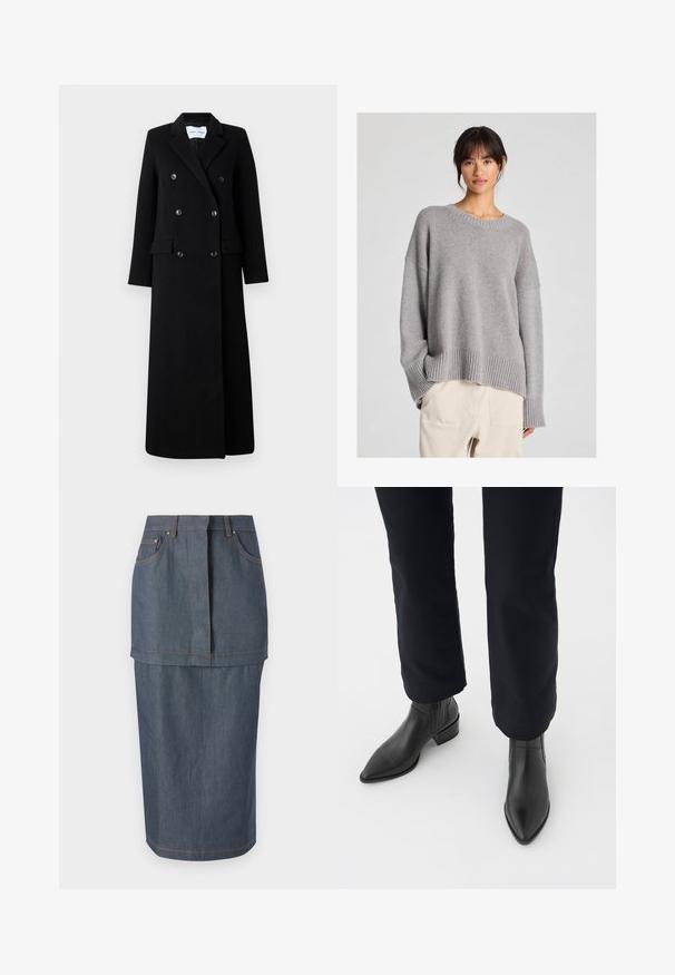 Samsøe Samsøe COAT MAXI - Klasszikus kabát - black; Szürke kötött pulóver, laza fazonnal, kerek nyakkivágással, bordás mandzsettákkal és szegéllyel. Puha tapintású, diszkrét kötött mintázattal. Világos nadrággal párosítva.; Sötétkék árnyalatú farmer szoknya, elülső zsebekkel, testhezálló derékkal és térdig érő fazonnal, kontrasztos varrással kiemelve.; Fekete bőr bokacsizma hegyes orral, tömbsarkúval és texturált oldalsó panelekkel, sötét nadrággal viselve, fehér háttér előtt.