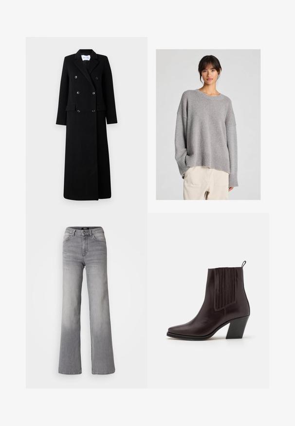 Samsøe Samsøe COAT MAXI - Klasický kabát - black; Sivý pletený sveter s voľným strihom, okrúhlym výstrihom, rebrovanými manžetami a lemom. Mäkka textúra s jemným pleteným vzorom. Skombinovaný s svetlými nohavicami.; Džínsy z šedej denimu s vysokým pásom a rovnými nohavicami, s predným gombíkom a zipsom, prednými a zadnými vreckami, a vybledlým tieňovaním na stehnách a lýtkach.; Tmavo hnedá kožená kotníková obuv s špicatou špičkou, vertikálnym ryhovaním po bokoch a stredne vysokým blokovým podpätkom.