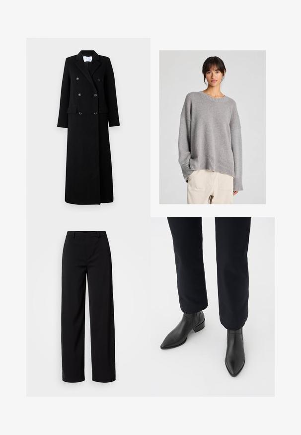 Samsøe Samsøe COAT MAXI - Manteau classique - black; Pull en maille gris avec une coupe décontractée, col rond, poignets et ourlets côtes. Texture douce avec un motif de tricot subtil. Associé à un pantalon clair.; Pantalons larges noirs en tissu lisse, dotés d'une taille classique et d'une silhouette ajustée avec des poches avant.; Bottines en cuir noir à bout pointu, avec un talon épais et des panneaux latéraux texturés, portées avec un pantalon sombre sur fond blanc.