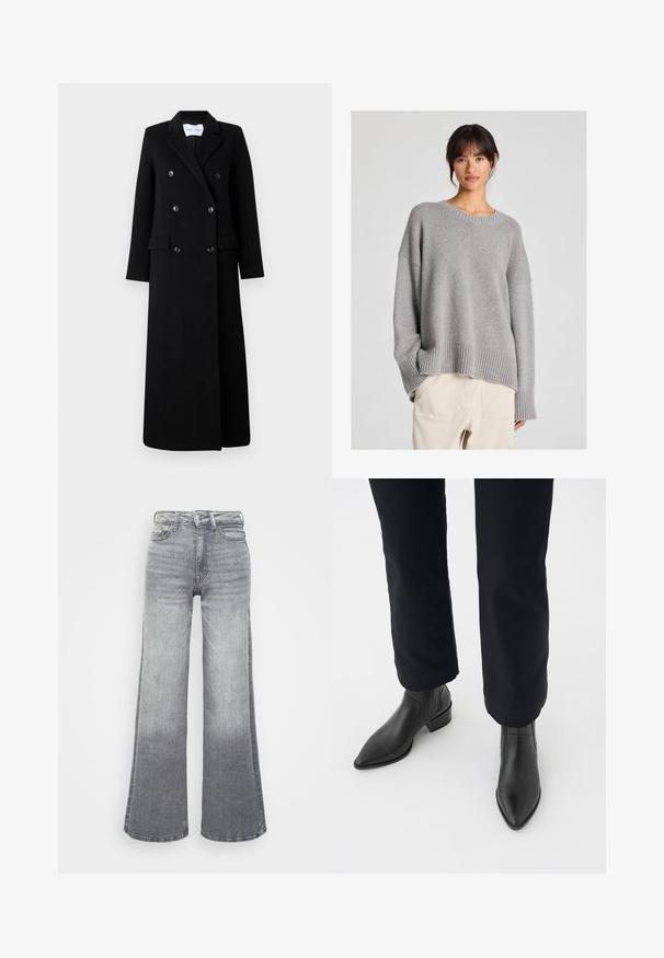 Samsøe Samsøe COAT MAXI - Abrigo clásico - black; Suéter gris de punto con un ajuste relajado, cuello redondo, puños y dobladillo acanalados. Textura suave con un sutil patrón de tejido. Combinado con pantalones claros.; Jeans de mezclilla gris de pierna ancha con un degradado de claro a oscuro, que cuentan con una cintura alta, diseño de cinco bolsillos y un cierre de botón clásico.; Botas negras de cuero hasta el tobillo con punta afilada, tacón cuadrado y paneles laterales texturizados, combinadas con pantalones oscuros contra un fondo blanco.