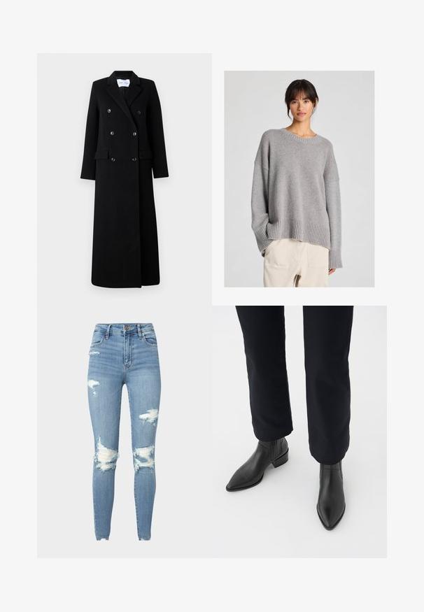 Samsøe Samsøe COAT MAXI - Klasisks mētelis - black; Pelēks adījuma džemperis ar brīvu piegriezumu, apaļu kakla izgriezumu, svītrainām piedurknēm un apakšmalu. Mīksta tekstūra ar smalku adījuma rakstu. Kombinēts ar gaišiem biksēm.; Augstās jostas vietas slim fit džinsi gaiši zilā denimā ar izsistiem detaļām uz ceļiem un sasmalcinātiem malām, ar piecām kabatām un pogu aizdari.; Melni ādas potīšu zābaki ar norādītu purngalu, blokveida papēdi un teksturētām sānu daļām, valkāti ar tumšām biksēm uz balta fona.