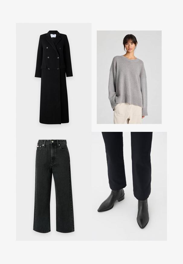 Samsøe Samsøe COAT MAXI - Cappotto classico - black; Maglione grigio lavorato a maglia con una vestibilità morbida, scollo rotondo, polsini e orlo a coste. Tessuto morbido con un sottile motivo a maglia. Abbinato a pantaloni chiari.; Jeans a gamba larga in denim nero, con vita alta, due tasche frontali, una tasca posteriore e chiusura con bottone con un dettaglio argentato.; Stivali neri in pelle fino alla caviglia, con punta affusolata, tacco a blocco e pannelli laterali texture, indossati con pantaloni scuri su uno sfondo bianco.