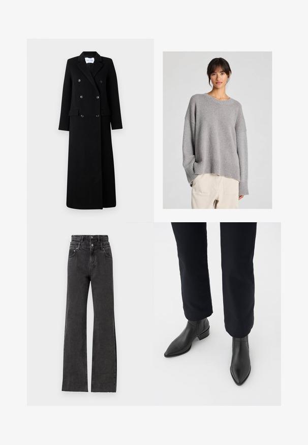 Samsøe Samsøe COAT MAXI - Klasisks mētelis - black; Pelēks adījuma džemperis ar brīvu piegriezumu, apaļu kakla izgriezumu, svītrainām piedurknēm un apakšmalu. Mīksta tekstūra ar smalku adījuma rakstu. Kombinēts ar gaišiem biksēm.; Melnas augsta vidukļa džinses ar taisnu kāju dizainu, diskrētu nolietojumu un metāla pogu aksesuāriem jostā.; Melni ādas potīšu zābaki ar norādītu purngalu, blokveida papēdi un teksturētām sānu daļām, valkāti ar tumšām biksēm uz balta fona.