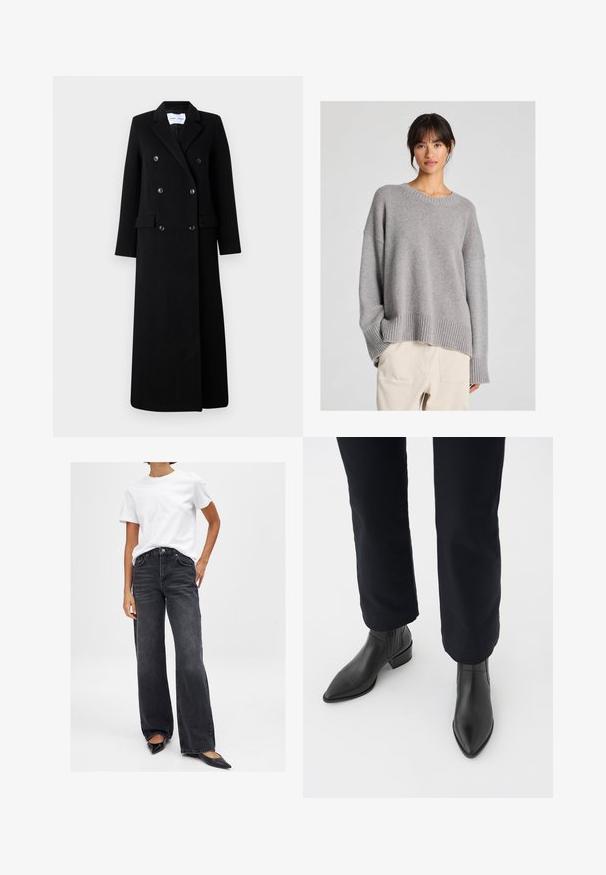 Samsøe Samsøe COAT MAXI - Klasisks mētelis - black; Pelēks adījuma džemperis ar brīvu piegriezumu, apaļu kakla izgriezumu, svītrainām piedurknēm un apakšmalu. Mīksta tekstūra ar smalku adījuma rakstu. Kombinēts ar gaišiem biksēm.; Melni plati diegi džinsi ar augstu jostasvietu, piecām kabatām un maigu izbalinājumu. Apvienoti ar vienkāršu baltu T-kreklu un melniem asiem apaviem.; Melni ādas potīšu zābaki ar norādītu purngalu, blokveida papēdi un teksturētām sānu daļām, valkāti ar tumšām biksēm uz balta fona.