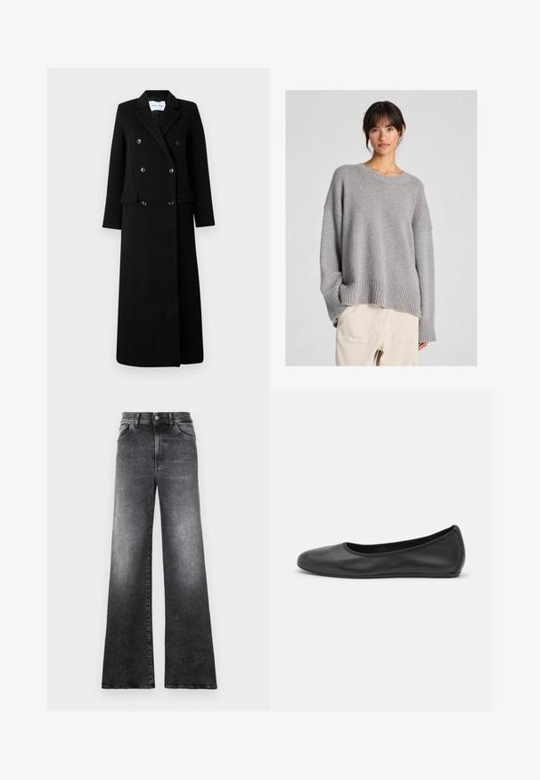 Samsøe Samsøe COAT MAXI - Klasický kabát - black; Sivý pletený sveter s voľným strihom, okrúhlym výstrihom, rebrovanými manžetami a lemom. Mäkka textúra s jemným pleteným vzorom. Skombinovaný s svetlými nohavicami.; Džínsy s širokými nohavicami v prechode sivého denimového materiálu, s uzáverom na gombík, piatimi vreckami a vyblednutou textúrou.; Čierne kožené baleríny s okrúhlou špičkou, hladkým povrchom, minimálnym prešívaním a flexibilným dizajnom podrážky.