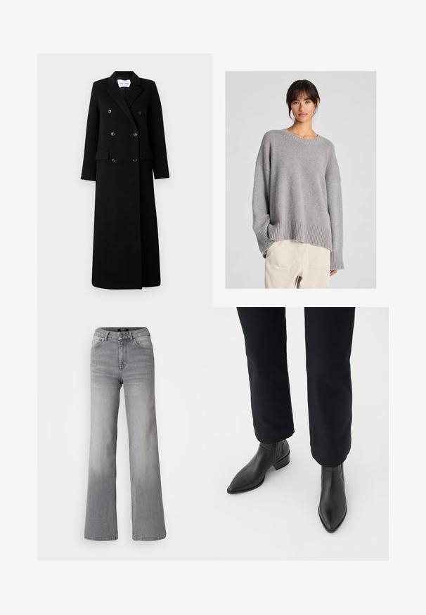 Samsøe Samsøe COAT MAXI - Klassinen takki - black; Harmaa neulottu villapaita, jossa on rento malli, pyöreä pääntie, ribbireunat hihoissa ja helmassa. Pehmeä rakenne ja hillitty neulekuvio. Yhdistetty vaaleisiin housuihin.; Vaaleanharmaat korkeavyötäröiset suorat farkut etupainikkeella ja vetoketjulla, etu- ja takataskuilla, sekä haalistuneet varjostukset reisissä ja pohkeissa.; Musta nahkasaapas nilkkamalli, jossa on terävä kärki, blokkikorko ja karheat sivupaneelit, yhdistettynä tummiin housuihin valkoista taustaa vasten.