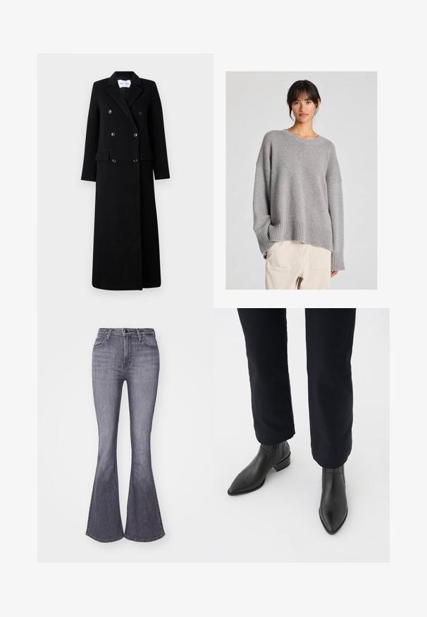Samsøe Samsøe COAT MAXI - Klassikaline mantel - black; Halli kootud sveter, millel on vabalt langev lõige, ümar kaelus, soonikuga mansetid ja ääred. Pehme tekstuur ning õrn kootud muster. Kombineeritud heledate pükste kanssa.; Lee BREESE - Alt laienevad teksad - grey denim; Mustadast nahast pahkluu saapad, terava nina, ploki konts ja tekstuuriga külgpaneelid, kantud tumedate pükste juurde valge taustaga.