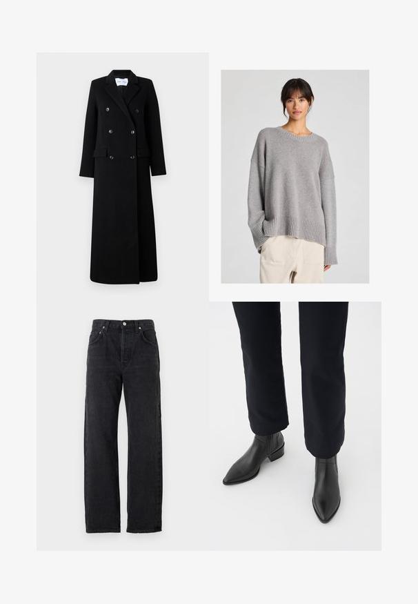 Samsøe Samsøe COAT MAXI - Klasikinis paltas - black; Pilko megztinis su laisva pasiūla, apvaliu iškirpimu, raukšlėtomis rankovėmis ir apačia. Minkšta tekstūra su subtiliu mezgimo raštu. Pora su šviesiais keliais.; Juodos džinsinio audinio kelnės su tiesiu kirpimu, turinčios aukštą juosmens liniją, penkis kišenes ir metalinius mygtukus. Lygus, šiek tiek tekstūruotas audinys.; Juodos odinės kulkšninių botai su smailiu priekiu, blokiniu kulnu ir tekstūruotais šonais, dėvimi su tamsiomis kelnėmis prieš baltą foną.