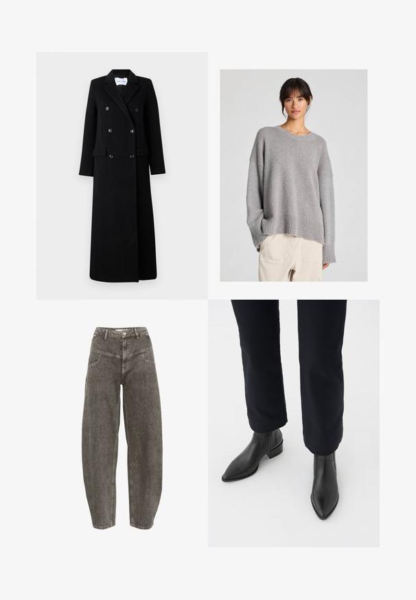 Samsøe Samsøe COAT MAXI - Klassikaline mantel - black; Halli kootud sveter, millel on vabalt langev lõige, ümar kaelus, soonikuga mansetid ja ääred. Pehme tekstuur ning õrn kootud muster. Kombineeritud heledate pükste kanssa.; Gestuz JOSIE BARREL - Wide leg - greige denim wash; Mustadast nahast pahkluu saapad, terava nina, ploki konts ja tekstuuriga külgpaneelid, kantud tumedate pükste juurde valge taustaga.