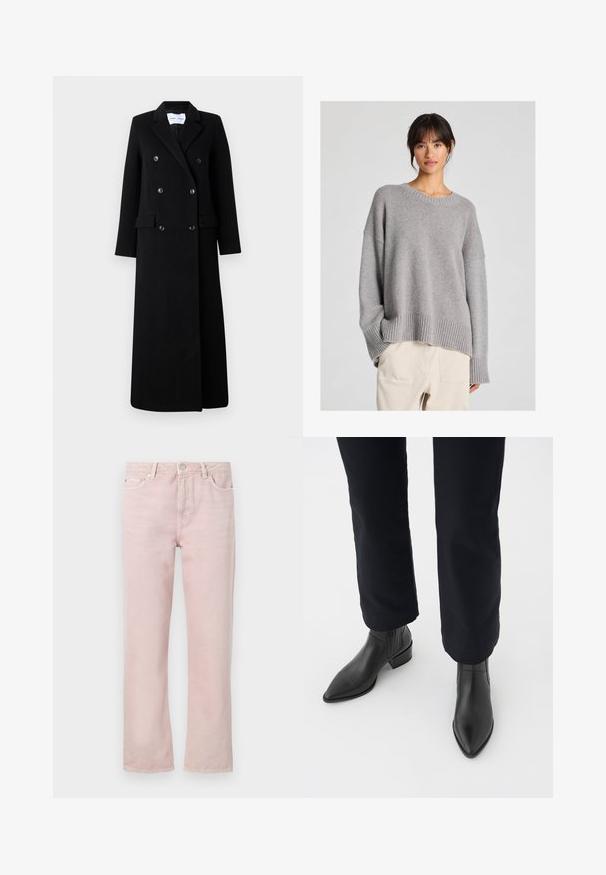 Samsøe Samsøe COAT MAXI - Klasický kabát - black; Sivý pletený sveter s voľným strihom, okrúhlym výstrihom, rebrovanými manžetami a lemom. Mäkka textúra s jemným pleteným vzorom. Skombinovaný s svetlými nohavicami.; Svetloružové džíny s rovnými nohavicami, piatimi vreckami a zipsom. Obsahujú detaily šitia a príslušenstvo vo striebornom tóne.; Čierne kožené členkové čižmy s špicatou špičkou, blokovým podpätkom a textúrovanými bočnými panelmi, nosené s tmavými nohavicami na bielom pozadí.