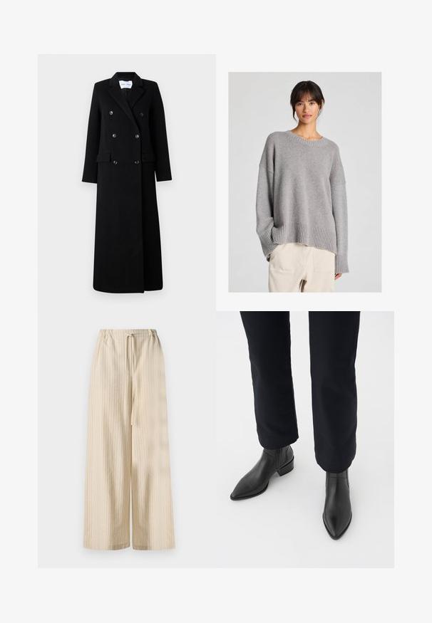 Samsøe Samsøe COAT MAXI - Klassinen takki - black; Harmaa neulottu villapaita, jossa on rento malli, pyöreä pääntie, ribbireunat hihoissa ja helmassa. Pehmeä rakenne ja hillitty neulekuvio. Yhdistetty vaaleisiin housuihin.; Vaaleanbeiget leveät housut, jotka on valmistettu pehmeästä kankaasta, pystysuorilla raidoilla ja joustavalla vyötäröllä, jossa on nyöriyksityiskohta.; Musta nahkasaapas nilkkamalli, jossa on terävä kärki, blokkikorko ja karheat sivupaneelit, yhdistettynä tummiin housuihin valkoista taustaa vasten.