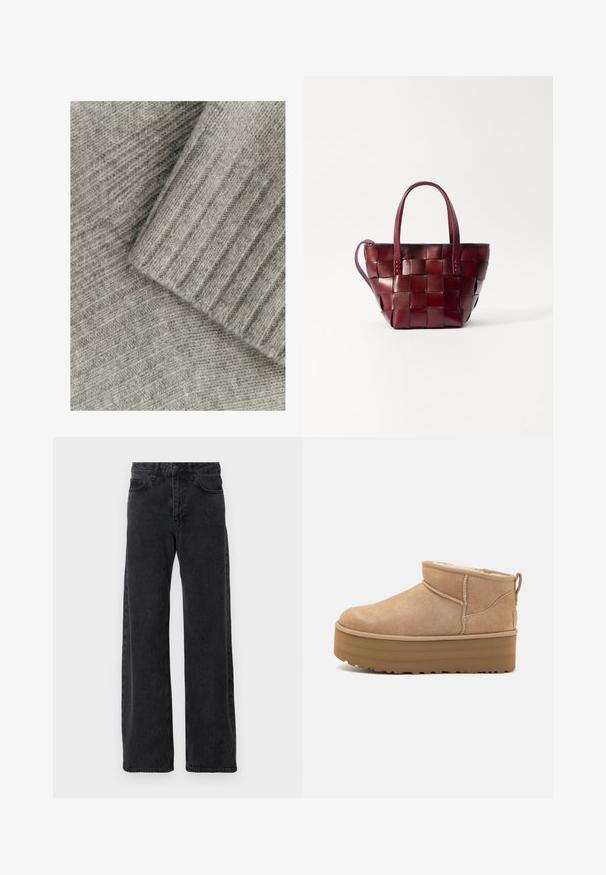 Samsøe Samsøe COAT MAXI - Klassischer Mantel - black; Weiches graues Strickgewebe mit gerippter Textur, das aus geschichteten Abschnitten besteht, einem glatten und einem mit diagonalen Mustern.; Schwarze Denim-Jeans mit weitem Bein, klassischen fünf Taschenstil, Knopfverschluss und subtiler Waschung.; Beige Wildleder-Ankle Boots mit einem weichen Innenfutter, ausgestattet mit einer Plateausohle und einer Zuglasche hinten für einen einfachen Einstieg. Strukturiertes Gummiprofil.; Geflochtene bordeauxfarbene Lederhandtasche mit zwei kurzen Griffen und einem abnehmbaren Schultergurt. Sie hat eine strukturierte Form und eine glatte Textur.