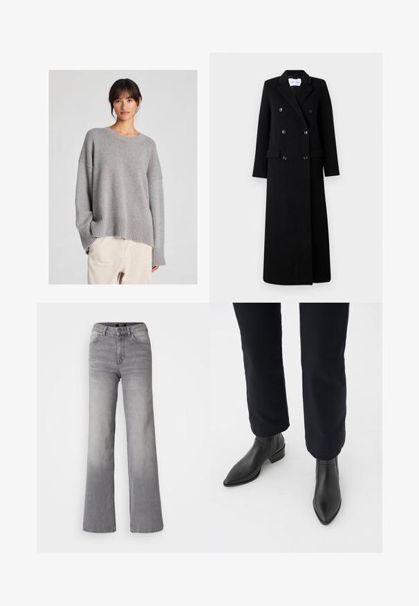 Samsøe Samsøe COAT MAXI - Mantel - black; Grijze gebreide trui met een ontspannen pasvorm, ronde halslijn, geribde manchetten en zoom. Zachte textuur met een subtiel breipatroon. Gecombineerd met lichte broeken.; Grijs denim jeans met hoge taille en rechte pijpen, voorzien van een knoop en ritssluiting aan de voorkant, voor- en achterzakken, en een vervaagde schaduw op de dijen en kuiten.; Zwarte leren enkellaarsjes met een spitse neus, blokhak en textuurpanelen aan de zijkanten, gedragen met donkere broeken tegen een witte achtergrond.