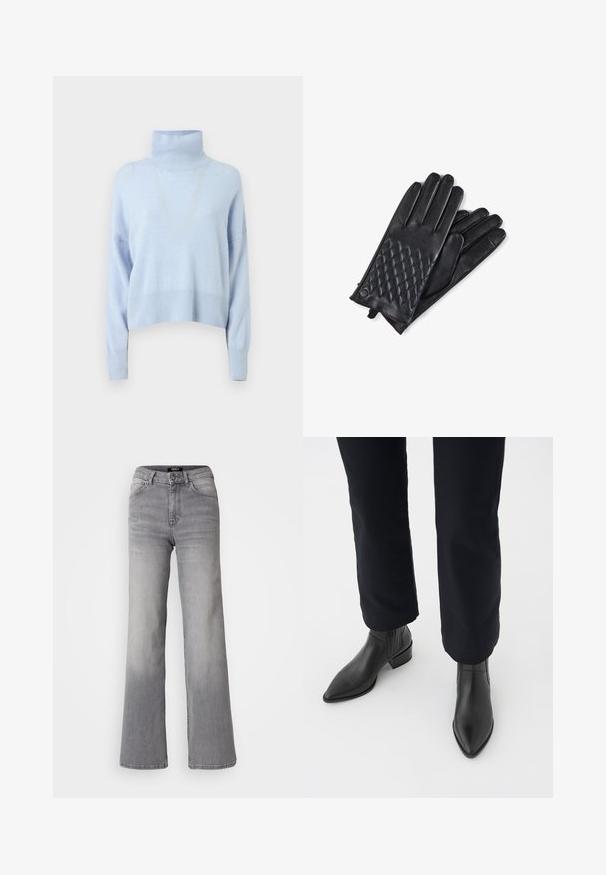 Samsøe Samsøe COAT MAXI - Klassinen takki - black; Vaalea sininen pooloneule, joka on valmistettu pehmeästä kankaasta. Se on lyhennettymallinen, pitkähihainen ja siinä on ribbaus hihansuissa ja helmassa.; Vaaleanharmaat korkeavyötäröiset suorat farkut etupainikkeella ja vetoketjulla, etu- ja takataskuilla, sekä haalistuneet varjostukset reisissä ja pohkeissa.; Musta nahkasaapas nilkkamalli, jossa on terävä kärki, blokkikorko ja karheat sivupaneelit, yhdistettynä tummiin housuihin valkoista taustaa vasten.; CASH-MERE MIT CARO STYLE UND TOUCHSCREEN TAUGLICH - Sormikkaat - schwarz