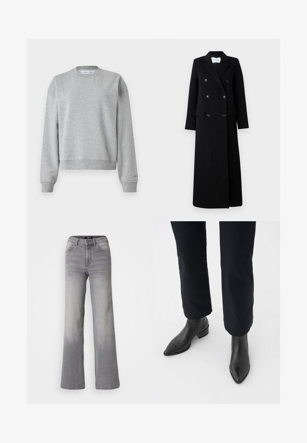 Samsøe Samsøe COAT MAXI - Klassischer Mantel - black; Grauer Sweatshirt mit rundem Halsausschnitt, langen Ärmeln und einem leicht verkürzten Design. Aus weichem Stoff mit gerippten Bündchen und Saum.; Hochtaillierte graue Denim-Jeans mit geradem Bein, Frontknopf und Reißverschluss, Vorder- und Gesäßtaschen sowie ausgewaschenen Schattierungen an Oberschenkeln und Waden.; Schwarze Leder-Stiefeletten mit spitzem Zehenbereich, Blockabsatz und strukturierten Seitenpaneelen, kombiniert mit dunklen Hosen vor einem weißen Hintergrund.