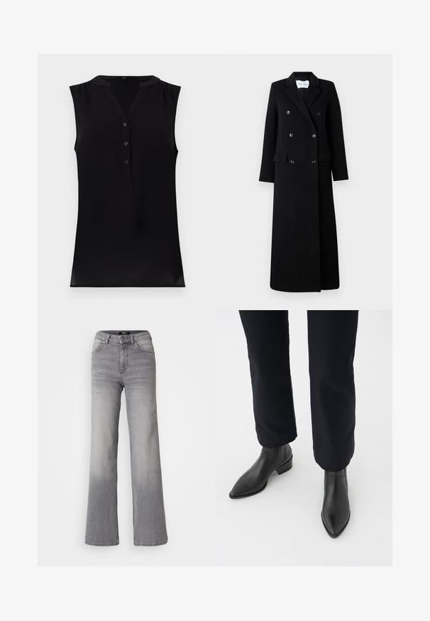 Samsøe Samsøe COAT MAXI - Klasikinis paltas - black; Juodas be rankovių viršus su V formos iškirpte, mygtukų priekyje ir subtiliomis raukšlėmis pečių srityje. Pagamintas iš švelnaus, lengvo audinio su lygiu paviršiumi.; Aukštai juosmens tiesios kojos pilkos džinsinės kelnės su priekiu užsegamu mygtuku ir užtrauktuku, priekiniais ir galiniais kišenėmis, bei išblukimu ant šlaunų ir blauzdų.; Juodos odinės kulkšninių botai su smailiu priekiu, blokiniu kulnu ir tekstūruotais šonais, dėvimi su tamsiomis kelnėmis prieš baltą foną.
