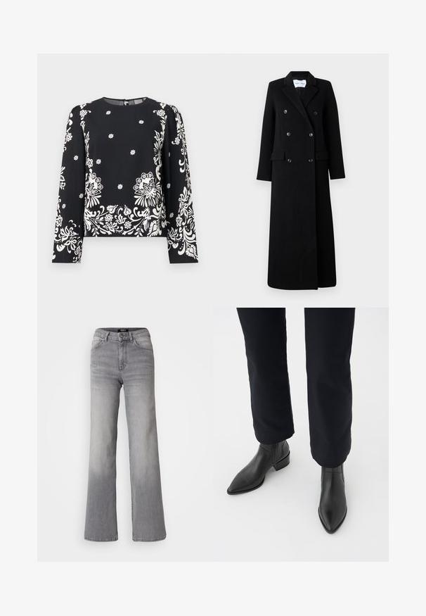 Samsøe Samsøe COAT MAXI - Klassisk frakke - black; Sort langærmet top med hvidt blomsterprint, med rund halsudskæring og lynlås i ryggen. Blødt, let stof med en glat overflade.; Højtaljede grå denim jeans med lige ben, med frontknap og lynlås, foran og bagpå lommer, samt nedtoning på lår og lægge.; Sorte læder ankelstøvler med spids tå, blokhæl og teksturerede sidepaneler, båret med mørke bukser mod en hvid baggrund.
