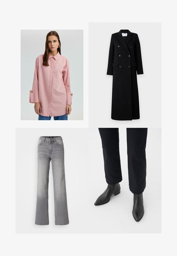 Samsøe Samsøe COAT MAXI - Mantel - black; Roze gestreepte button-up shirt met een kraag, lange mouwen met gouden knoopaccenten en gespleten zomen. Glad materiaal met een ontspannen pasvorm.; Grijs denim jeans met hoge taille en rechte pijpen, voorzien van een knoop en ritssluiting aan de voorkant, voor- en achterzakken, en een vervaagde schaduw op de dijen en kuiten.; Zwarte leren enkellaarsjes met een spitse neus, blokhak en textuurpanelen aan de zijkanten, gedragen met donkere broeken tegen een witte achtergrond.