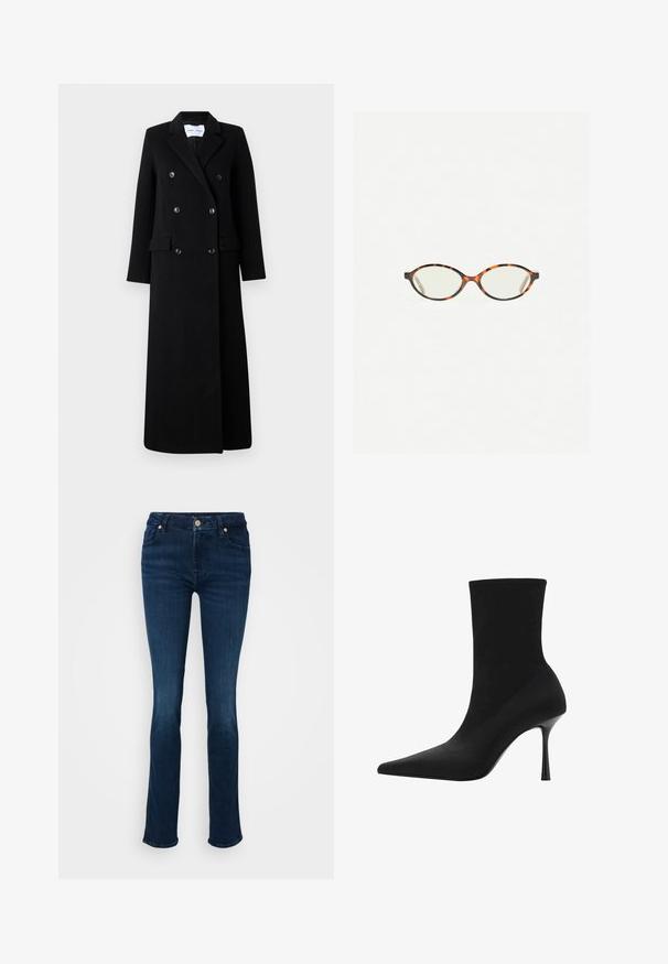 Samsøe Samsøe COAT MAXI - Klassinen takki - black; Pitkähihainen, pyöreä kaula-aukko toppi tummanharmaana, valmistettu ribbitetystä kankaasta, jossa on vartalonmyötäinen muotoilu, sileä pinta ja minimaalinen yksityiskohtaisuus.; Tummansinisiä farkkuhousuja, korkea vyötärö ja slim fit -malli, edessä napitus ja huomaamattomat ompeluyksityiskohdat taskuissa.; Musta nilkkuri, jossa on terävä kärki, venyvä kangas yläosa ja tyylikäs korkea stiletto-korko. Sileä pinta ja minimalistinen muotoilu.; Kilpikonnakuosiset silmälasit, joissa on soikeat linssit ja tyylikäs, sileä pinta. Ominaisuudet: ohuet sivut, joissa on hienovarainen kaari temppeleissä. Kirkkaat linssit.