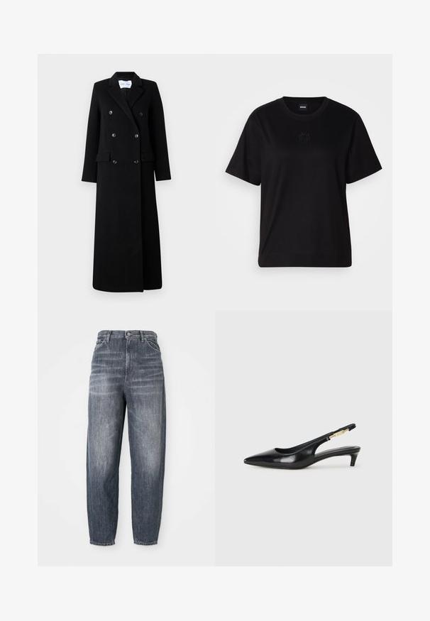 Samsøe Samsøe COAT MAXI - Palton clasic - black; T-shirt negru din bumbac, cu guler rotund, mâneci scurte și un logo brodat pe piept. Design simplu, cu o croială relaxată și fără modele.; Blugi de culoare albastru închis, confecționați din denim, cu o croială lejeră, design cu picioare drepte și decolorări subtile. Stil standard cu cinci buzunare și închidere cu nasture.; Sandale slingback din piele neagră cu vârf ascuțit, având un toc subțire și un accent de culoare aurie pe curea ajustabilă. Textură netedă.