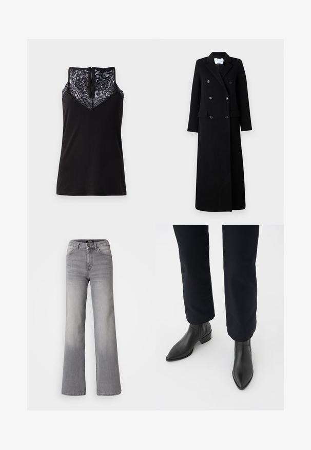 Samsøe Samsøe COAT MAXI - Mantel - black; Zwart tanktop met een kanten overlay bij de halslijn, voorzien van een V-vormig ontwerp en een ritssluiting aan de achterkant. Glad textuur van de stof.; Grijs denim jeans met hoge taille en rechte pijpen, voorzien van een knoop en ritssluiting aan de voorkant, voor- en achterzakken, en een vervaagde schaduw op de dijen en kuiten.; Zwarte leren enkellaarsjes met een spitse neus, blokhak en textuurpanelen aan de zijkanten, gedragen met donkere broeken tegen een witte achtergrond.