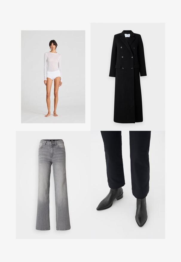 Samsøe Samsøe COAT MAXI - Klasični plašč - black; Bela majica z dolgimi rokavi z teksturiranim, diamantom podobnim vzorcem, v kombinaciji z belimi kratkimi hlačami; oblačila so tesno prilegajoča in izdelana iz mehke tkanine.; Visoko pasu naravnost krojene sivo denim hlače z gumbom in zadrgo spredaj, sprednjimi in zadnjimi žepe ter zbledelim odtenkom na stegen in tele. ; Črne usnjene gležnjarje s koničastim nosom, blokastim petami in strukturiranimi stranskimi paneli, oblečene z temnimi hlačami proti beli podlagi.