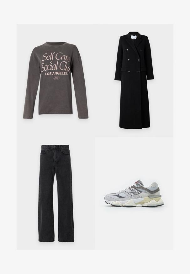 Samsøe Samsøe COAT MAXI - Classic coat - black; Gray long-sleeve t-shirt made of soft fabric featuring a large pink graphic print reading "Self Care Social Club Los Angeles" with established date.; Black denim jeans with a wide-leg design, featuring a classic five-pocket style, button closure, and subtle fading.; Gray suede and mesh sneaker with a thick white and beige sole, featuring a prominent white logo and red accent details.