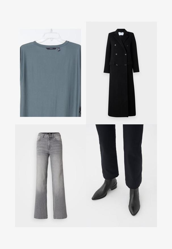 Samsøe Samsøe COAT MAXI - Casaco clássico - black; T-shirt verde-água de corte solto com decote redondo e mangas curtas. O tecido parece liso. Etiqueta visível na parte de trás do pescoço. Sem padrões ou detalhes.; Jeans de ganga cinzentos de cintura alta e corte reto, com botão e fecho à frente, bolsos dianteiros e traseiros, e desbaste nas coxas e panturrilhas.; Botas de tornozelo em couro preto com bico afunilado, salto bloco e painéis laterais texturizados, usadas com calças escuras em fundo branco.