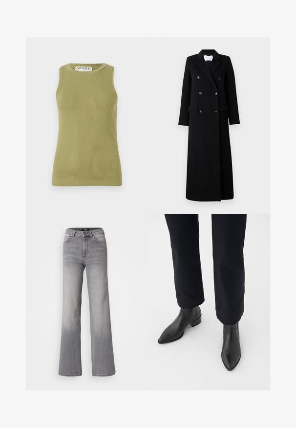 Samsøe Samsøe COAT MAXI - Classic coat - black; Green ribbed tank top with a round neckline and sleeveless design. Fabric features a textured pattern with a fitted silhouette.; High-waisted straight-leg gray denim jeans with front button and zipper, front and back pockets, and faded shading on thighs and calves.; Black leather ankle boots with a pointed toe, block heel, and textured side panels, worn with dark pants against a white background.