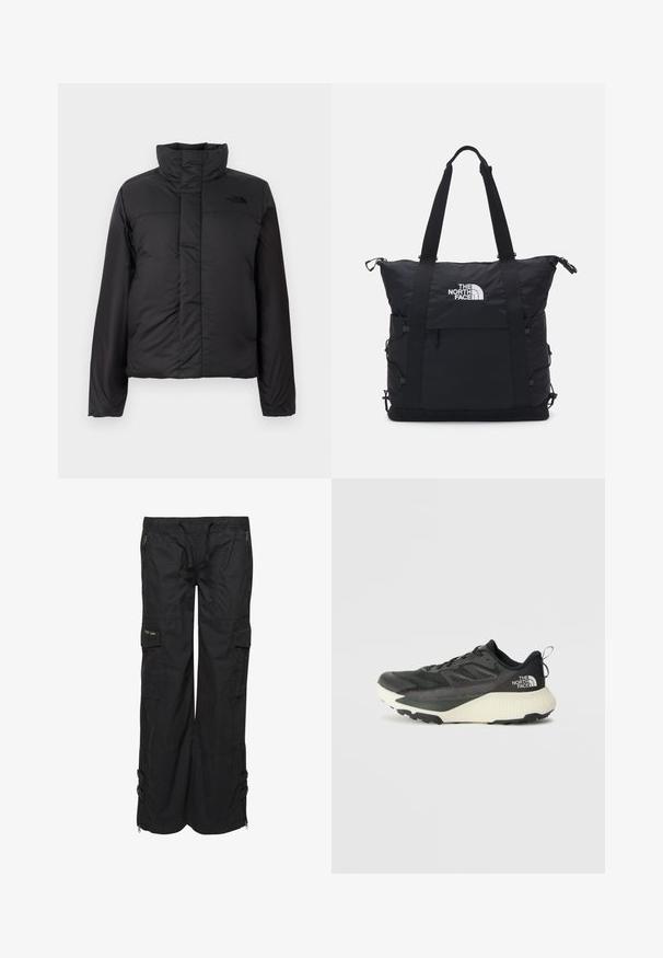 Zwarte geïsoleerde pufferjack met een hoge kraag, ritssluiting aan de voorkant en een logo op de borst. Gladde, matte afwerking met een boxy vorm.; Zwarte cropped t-shirt gemaakt van katoen, met een wit logo met gebogen accenten en de tekst "THE NORTH FACE" op de voorkant. Korte mouwen, ronde hals.; Zwarte cargobroek van lichtgewicht stof. Voorzien van elastische tailleband, meerdere zakken en ritsen aan de onderkant. Textuurafwerking.; Zwarte sportieve schoen met een gestructureerde bovenkant, voorzien van grijze accenten en een witte tussenzool. Inclusief een trekhaak en een opvallend merklogo op de hiel.; Zwarte tote bag met een gewatteerd ontwerp, bovenste ritsluiting, dubbele korte handvatten en logo aan de voorkant; heeft zijzakken en verstelbare schouderbanden.