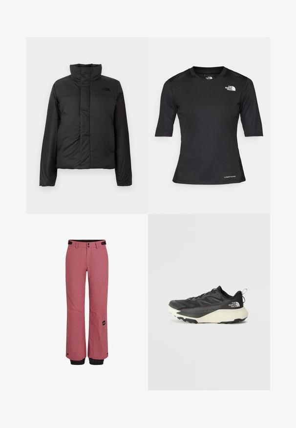 Zwarte geïsoleerde pufferjack met een hoge kraag, ritssluiting aan de voorkant en een logo op de borst. Gladde, matte afwerking met een boxy vorm.; Zwart sportshirt met korte mouwen, gemaakt van textuur materiaal, met een ronde hals en het witte logo van The North Face op de linkerkant van de borst.; Rode sneeuwbroeken met een gestructureerde afwerking, zwarte elastische manchetten bij de enkels, voorzakken en een merklabel op het linkeronderbeen.; Zwarte sportieve schoen met een gestructureerde bovenkant, voorzien van grijze accenten en een witte tussenzool. Inclusief een trekhaak en een opvallend merklogo op de hiel.