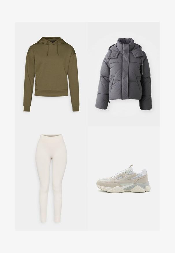 Chaqueta de invierno gris acolchada con cuello alto, bolsillos frontales, mangas largas y capucha ajustable con botones a presión y cordones.; ONLY Play ONPLOUNGE LIFE HOOD - Jersey con capucha - kalamata; Leggings acanalados en beige, con una cintura alta y un diseño ajustado. Textura suave con piernas estrechas y dobladillos ajustados.; Zapatillas beige y blancas hechas de ante y malla, con una suela gruesa, diseño de cordones y un logotipo en el lateral.