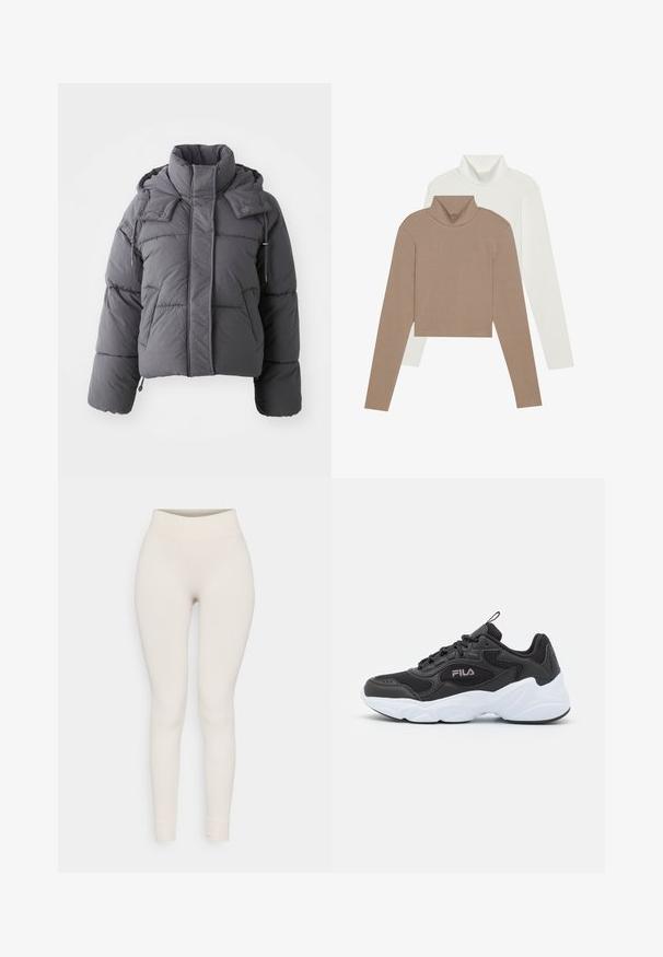 Harmaa pehmeä talvitakki, jossa on korkea kaulus, etutaskut, pitkät hihat ja säädettävä huppu, jossa on napit ja nyörit.; Kaksi putkilopaitaa: yksi pehmeän ruskeana, jolla on ribbikuvio, ja toinen sileänä valkoisena. Molemmissa on pitkät hihat ja lyhennetty malli.; Vatsatut leggingsit beige-värissä, joissa on korkea vyötärö ja istuva muotoilu. Sileä kangas, kapenevat lahkeet ja resorit. ; Musta urheilukenkä, jossa on verkkomainen ja synteettinen materiaali, valkoisella kumipohjalla, pyöreällä muotoilulla ja erottuvalla logolla sivussa.