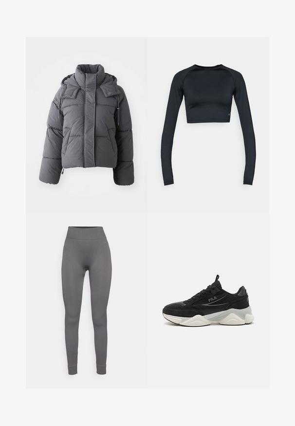 Casaco de inverno acolchoado cinza com colarinho alto, bolsos frontais, mangas longas e capuz ajustável com botões de pressão e cordões.; Top preto de manga comprida cropped, feito de tecido suave e elástico. Apresenta decote redondo e corte justo, com detalhes subtis na bainha.; Leggings cinzas com textura em nervuras, cintura alta, forma ajustada e punhos com punho; feitos de material elástico para conforto e facilidade de movimento.; Sapatilhas pretas feitas de malha e camurça, com sola grossa, forma arredondada, subtis detalhes cinzas e logo da marca na lateral.