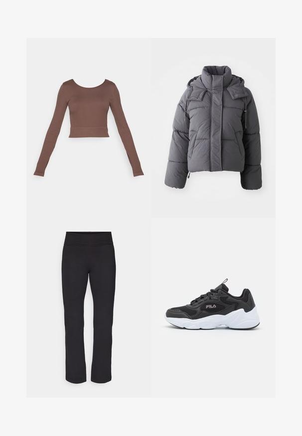 Pilkas paminkštintas žiemos švarkas su aukštu kaklu, priekinėmis kišenėmis, ilgomis rankovėmis ir reguliuojama kapuce, kuri turi spaustukus ir raištelius.; Ruda ilgomis rankovėmis trumpa palaidinė, pagaminta iš griovelio audinio, su apvalia iškirpte ir prigludusia siluetu, turinti švarų apdailą ir besiūles rankoves.; Juodos leginsai su lygiu, tamprių audinių ir plačiu juosmeniu. Jie turi tiesius, pilno ilgio kojus ir jokios matomos raštų ar akcentų.; Juodų sportinių batelių su tinkliniu ir sintetiniu paviršiumi, turinčių baltą gumos pado, apvalią formą ir išsiskiriantį logotipą ant šono.