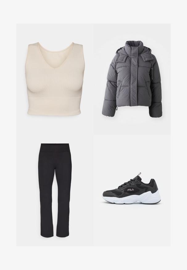 Harmaa pehmeä talvitakki, jossa on korkea kaulus, etutaskut, pitkät hihat ja säädettävä huppu, jossa on napit ja nyörit.; Vaalean beige ribattu toppi, jossa on V-pääntie, tiukka malli, leveät hihnat ja saumaton helma, valmistettu pehmeästä, joustavasta kankaasta.; Mustat legginsit, joissa on sileä, venyvä kangas ja leveä vyötärö. Ne ovat suoralahkeiset ja täysipituiset, eikä niissä ole näkyviä kuvioita tai koristeita.; Musta urheilukenkä, jossa on verkkomainen ja synteettinen materiaali, valkoisella kumipohjalla, pyöreällä muotoilulla ja erottuvalla logolla sivussa.