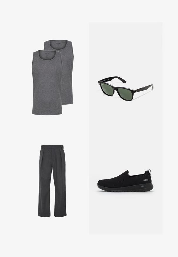 Schwarze Jacke aus weichem Stoff mit Kragen, Knopfverschluss, zwei Fronttaschen und sichtbaren Nähdetails.; Zwei graue Tanktops aus einem weichen Baumwollgemisch. Sie verfügen über einen Rundhalsausschnitt und ein ärmelloses Design. Glatte Textur und reguläre Passform.; Hose mit weitem Bein aus dunkelgrauem Stoff, mit glatter Textur, gefaltetem Vorderteil und verstellbaren seitlichen Riemen für eine optimale Passform.; Schwarzer Slip-On Sneaker mit atmungsaktivem Mesh-Obermaterial, runder Zehenpartie und gepolsterter Gummisohle. Mit einem Logo an der Seite.; Schwarze Plastiksonnenbrille mit grünen Gläsern, quadratischen Rahmen, silbernem Akzent auf der Augenbraue und strukturierten Bügeln. Angegebene Marke auf dem inneren Bügel.