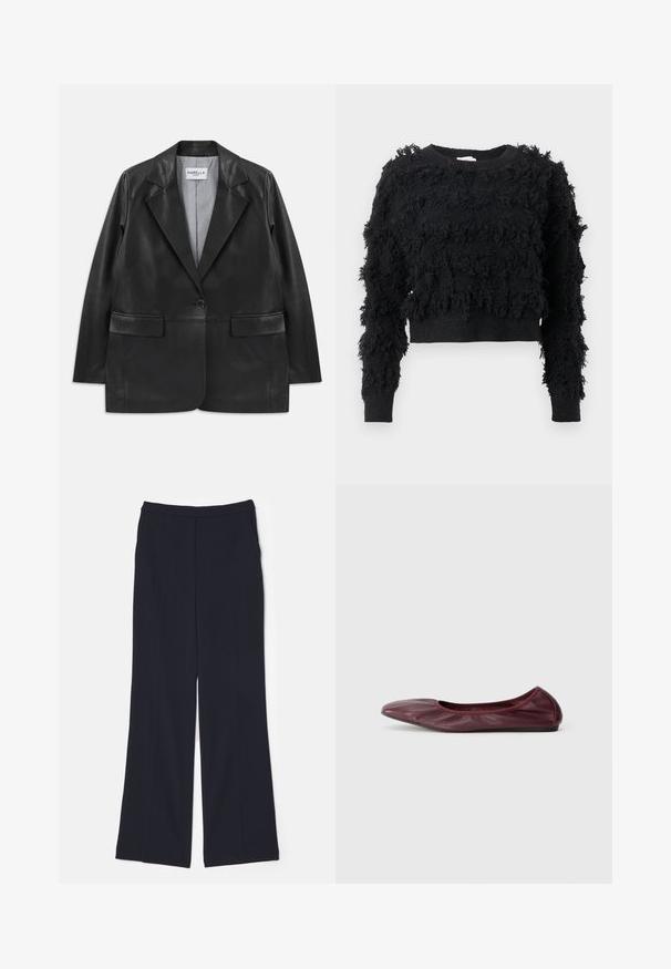 Blazer de couro preto com lapelas recortadas, fecho com um único botão, bolsos de aba e forro interior riscado.; Sweater cropped preto com uma superfície texturizada e felpuda. Mangas longas e decote redondo, apresentando padrões irregulares por todo o tecido.; Calças largas de cor azul-marinho feitas de um tecido suave, apresentando uma cintura alta e dois pregas frontais que se estendem pelas pernas.; Sapatilha em pele burdeos escura, com bico redondo, borda elástica e textura suave com detalhe de pregas subtil.