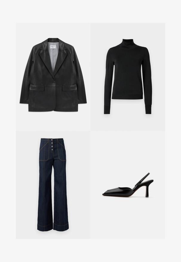 Juodas odinis bleizeris su įpjovomis apykaklėmis, vienu mygtuku, kišenėmis su atvartais ir juostuotais pamušalu viduje.; Juoda ilgomis rankovėmis turtleneko tipo megztinis su rebruotomis rankovėmis ir apačia, eksponuojamas ant paprasto balto fono.; Tamsi džinsinė platių kojų kelnės su aukštu liemeniu, penkių sagų priekinis uždarymas ir kontrastinga auksinė siūlė. Įrengti dideli priekiniai kišenės.; Juodas odinis slingback kulnas su smailiu nosiu, minimalizmo stilius, plonas kulkšnies dirželis ir elegantiškas stiletto kulnas. Lygus paviršius.