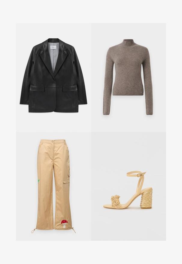 Czarna skórzana marynarka z klapami typu notch, zapięciem na jeden guzik, kieszeniami z patkami oraz paskowanym podszewką.; Brązowy sweter z dzianiny z wysokim kołnierzem, dopasowany, z długimi rękawami i prążkowanymi mankietami. Posiada mały akcent z logo w dolnej lewej części.; Beżowe spodnie cargo wykonane z gładkiego materiału, z haftowanym grzybem i liściem palmy, regulowanym dołem oraz kieszeniami bocznymi.; Beżowe sandały na wysokim obcasie o plecionym wzorze, z dekoracyjnym kwiatem i paskiem na kostkę. Kwadratowy obcas zwiększa stabilność.