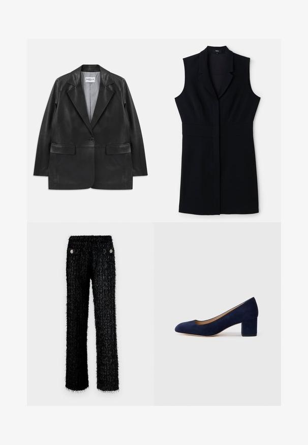 Blazer en cuir noir avec revers à cran, fermeture à un seul bouton, poches à rabat et doublure intérieure à rayures.; Robe blazer sans manches noire avec une coupe ajustée, dotée d'un col cranté et d'une fermeture frontale unique. Tissu lisse et design minimaliste.; Pantalons noirs en peluche avec un design texturé, dotés d'une taille haute et de deux poches avant ornées de décorations florales rondes.; Escarpin en daim bleu marine avec un bout pointu et un talon bloc de hauteur intermédiaire. Texture lisse avec un subtil éclat et une petite découpe à l'avant.