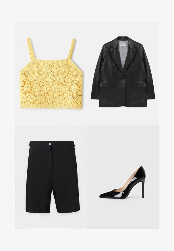 Mustavaha vuorellinen bleiseri, jossa on leikkaukset lapaluilla, yksittäinen nappi, läpälliset taskut ja raidallinen sisävuori.; Keltainen virkkaustoppi, jossa on monimutkainen kukkaketjupitku, ohut säädettäväolkaimi ja aaltoileva helma.; Mustat shortsit kevyestä kankaasta, muotoiltu malli napitustuilla etulaitteilla, litteä vyötärö ja suorat lahkeet.; Mustat patentoitu nahkakengät, joissa on korkea korko ja terävä kärki, luovat sulavan siluetin. Kengissä on sileä, kiiltävä pinta ja hoikka stiletto-korko.