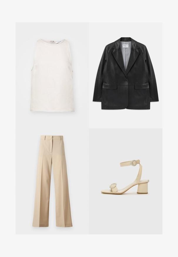 Μαύρο δερμάτινο σακάκι με κοφτές κολάρο, κλείσιμο με έναν μόνο κουμπί, πλαϊνές τσέπες και ριγέ επένδυση.; Αμάνικο ανοιχτό μπεζ τοπ φτιαγμένο από μαλακό ύφασμα, με στρογγυλή λαιμόκοψη και κρυφό φερμουάρ στην πλάτη. Απλή και ομαλή υφή.; Μπεζ παντελόνια σε ίσια γραμμή από λείο ύφασμα, με επίπεδο μπροστινό μέρος και πτυχώσεις, φερμουάρ και θηλιές ζώνης. Συνολικά κομψή γραμμή.; Μπεζ ψηλοτάκουνα σανδάλια με μινιμαλιστικό σχέδιο, χαρακτηριστικά δύο κυκλικών λεπτομερειών και χοντρού τακουνιού. Κατασκευασμένα από λείο δέρμα.
