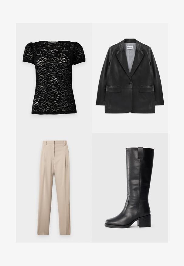 Fekete bőr blézer, élkivágással, egygombos záródással, hajtott zsebekkel és csíkos bélésével.; Fekete csipkés, rövid ujjú felső virágmintával, kerek nyakkivágással és enyhén puffos ujjal. Simító textúra, testhez álló fazon.; Beige, egyenes szárú, fazonra szabott nadrág, elöl redőkkel és övhurkokkal, sima anyagból készült.; Fekete bőr, térd fölé érő csizmák sima textúrával, négyzetes orral, tömbsarkúval és oldalsó húzófüllel, minimális varrási részletekkel.