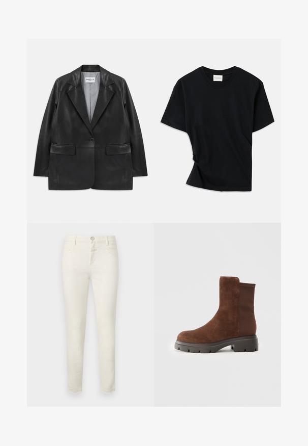 Blazer de couro preto com lapelas recortadas, fecho com um único botão, bolsos de aba e forro interior riscado.; T-shirt preta feita de algodão macio, com decote redondo, mangas curtas e um design ligeiramente torcido para um ajuste descontraído.; Jeans bege claro com corte slim, feitos em tecido misto de algodão, apresentando um design de cinco bolsos e fecho de zip com botão de metal.; Bota ankle em camurça castanha com painéis laterais elásticos, bico arredondado e sola em borracha espessa com um padrão de ranhura texturizado.