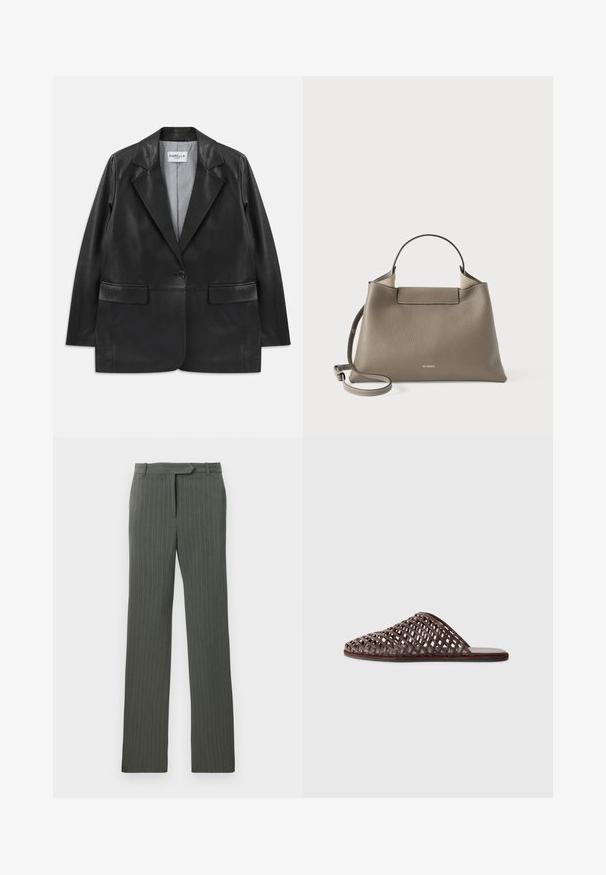 Blazer en cuir noir avec revers à cran, fermeture à un seul bouton, poches à rabat et doublure intérieure à rayures.; T-shirt noir à manches courtes avec col rond, portant une étiquette blanche à l'intérieur du col étiquetée "D.R.C. EST. 2002" sur fond blanc.; Pantalon tailored à rayures grises foncées avec passants de ceinture et coupe droite, posé à plat sur un fond blanc.; Sandale glissière tissée marron avec une pointe arrondie, un design ouvert, une semelle plate et une surface texturée. Matériau léger et silhouette minimaliste.; Sac à main en cuir texturé gris avec une poignée supérieure et une bandoulière réglable, arborant un design minimaliste et un subtil logo embossé à l'avant.