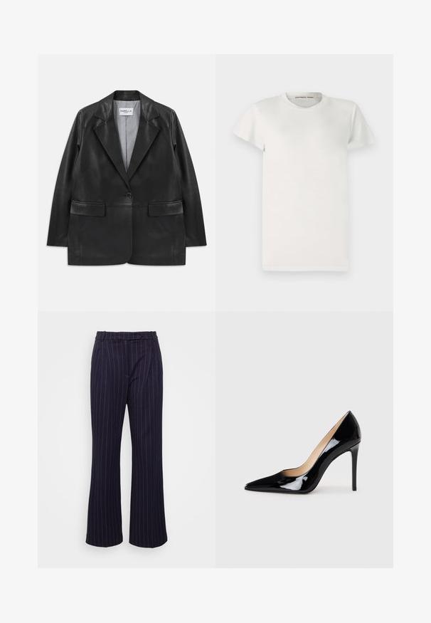 Juodas odinis bleizeris su įpjovomis apykaklėmis, vienu mygtuku, kišenėmis su atvartais ir juostuotais pamušalu viduje.; Balta trumpa rankovėmis marškinėliai, pagaminti iš medvilnės, su apvaliu iškirpimu ir paprastu siluetu. Ant apykaklės yra etiketės su užrašu "DESIGNERS REMIX".; DESIGNERS REMIX ZOE PANTS - Kelnės - navy/white; Juodas lakinės odos aukštakulnis batelis su smailiu priekiu ir elegantiška siluetu. Pasižymi lygiu, blizgiu paviršiumi ir siauru stiletto kulnu.