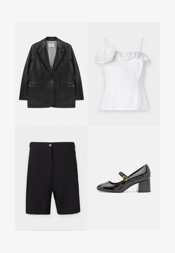 Black leather blazer with notch lapels, single button closure, flap pockets, and striped inner lining.; White sleeveless top with a ruffled neckline and a large, decorative flower accent on one side; smooth texture, fitted design.; Black shorts made of lightweight fabric, tailored design with a button front closure, flat waistband, and straight-cut legs.; Stuart Weitzman STUART - Classic heels - black