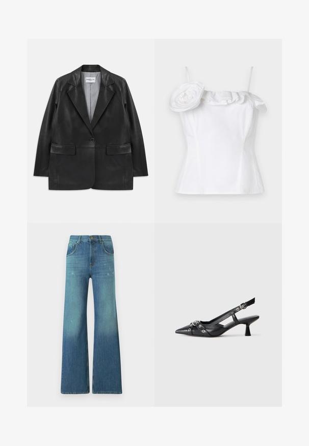 Černý kožený blazer s klopovými límci, jedním knoflíkem, kapsami s klopami a pruhovanou podšívkou.; Bílý bezrukávový top s volánkovým výstřihem a velkým dekorativním květinovým akcentem na jedné straně; hladká textura, přiléhavý střih.; Klasické modré džíny se zvonovým střihem a světlým gradientem, s pěti kapsami, zipem a mosazným knoflíkem na pase.; Černé kožené slingback boty s špičatou špičkou, dekorativními pásky s kovovými očky a nízkým blokovým podpatkem. Texturovaný povrch.
